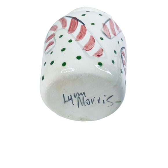 Pottery Candy Cane Juice Pitcher 7" Holiday Studio Art Signed Lynn Morris Vtg - Picture 4 of 7